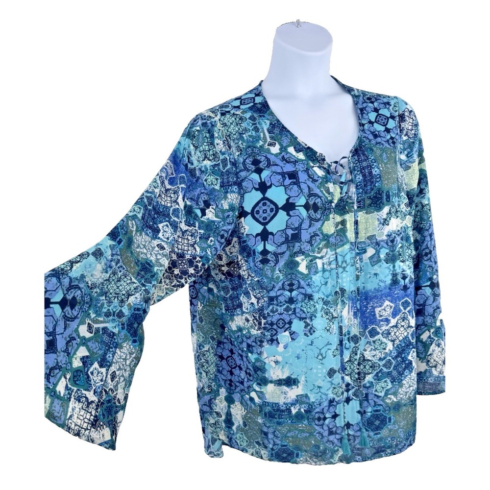 Como Black‎ Boho Blue Geometric Peasant Tunic blouse lace up flare sleeve blouse